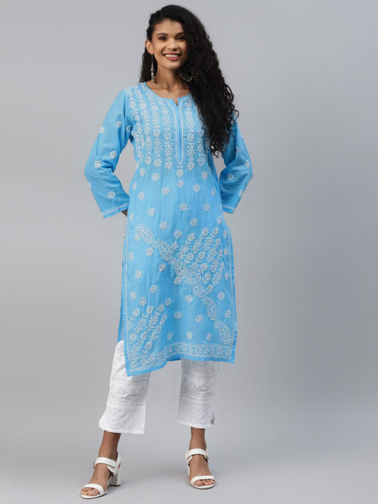 ADA Women Blue & White Ethnic Motifs Hand Embroidered Chikankari Handloom Kurta | Swadesiicart