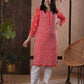 ADA Women Red & White Chikankari Hand Embroidered Semi-Sheer Straight Sustainable Handloom Kurta | Swadesiicart
