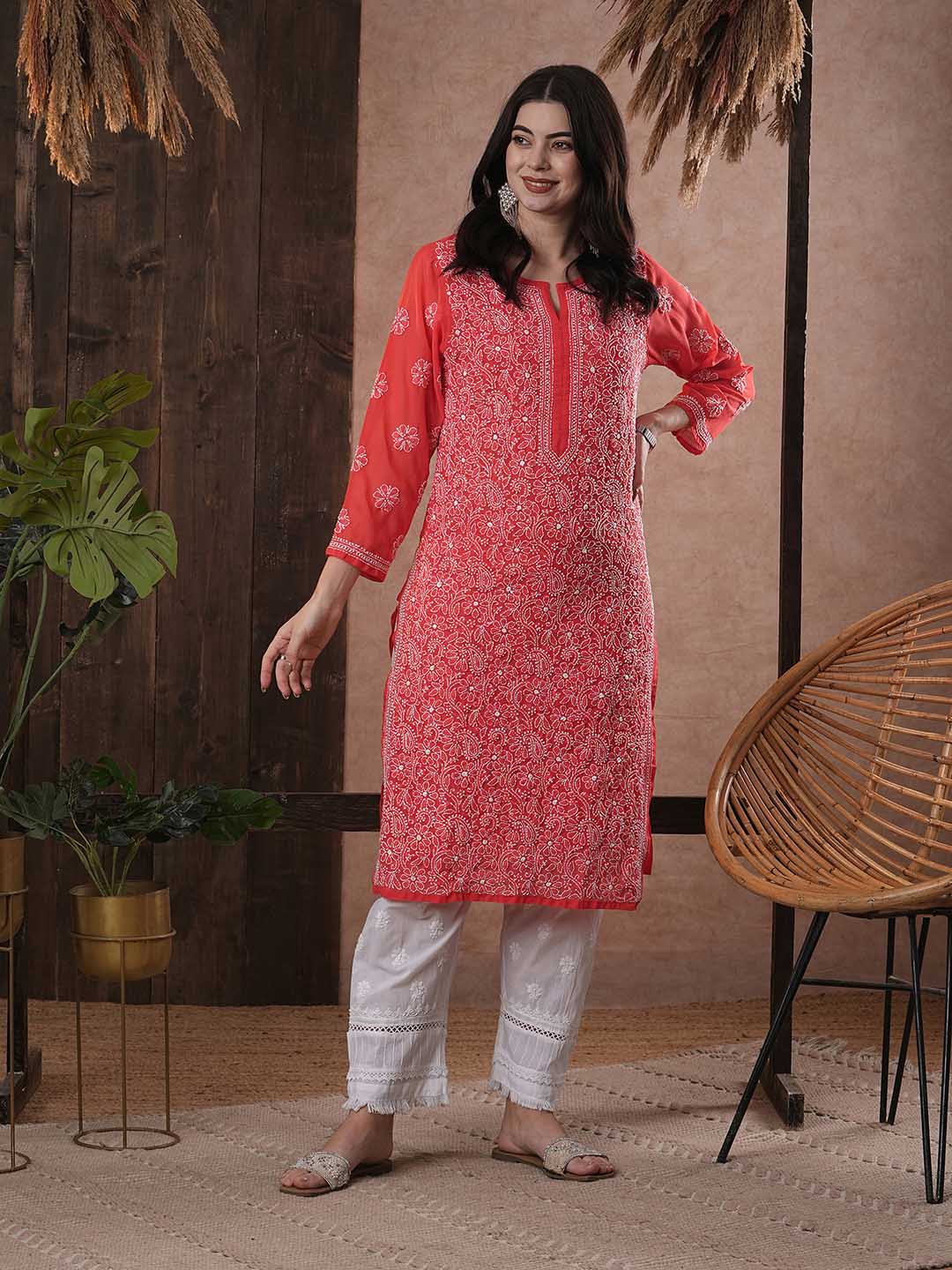 ADA Women Red & White Chikankari Hand Embroidered Semi-Sheer Straight Sustainable Handloom Kurta | Swadesiicart