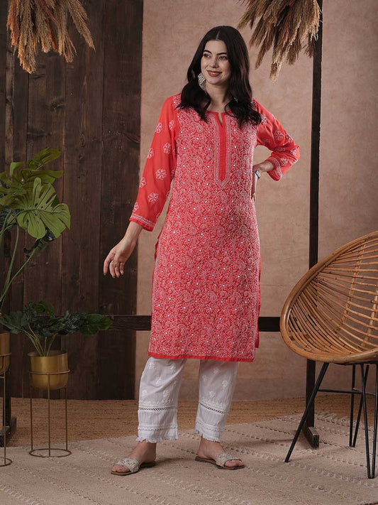 ADA Women Red & White Chikankari Hand Embroidered Semi-Sheer Straight Sustainable Handloom Kurta | Swadesiicart