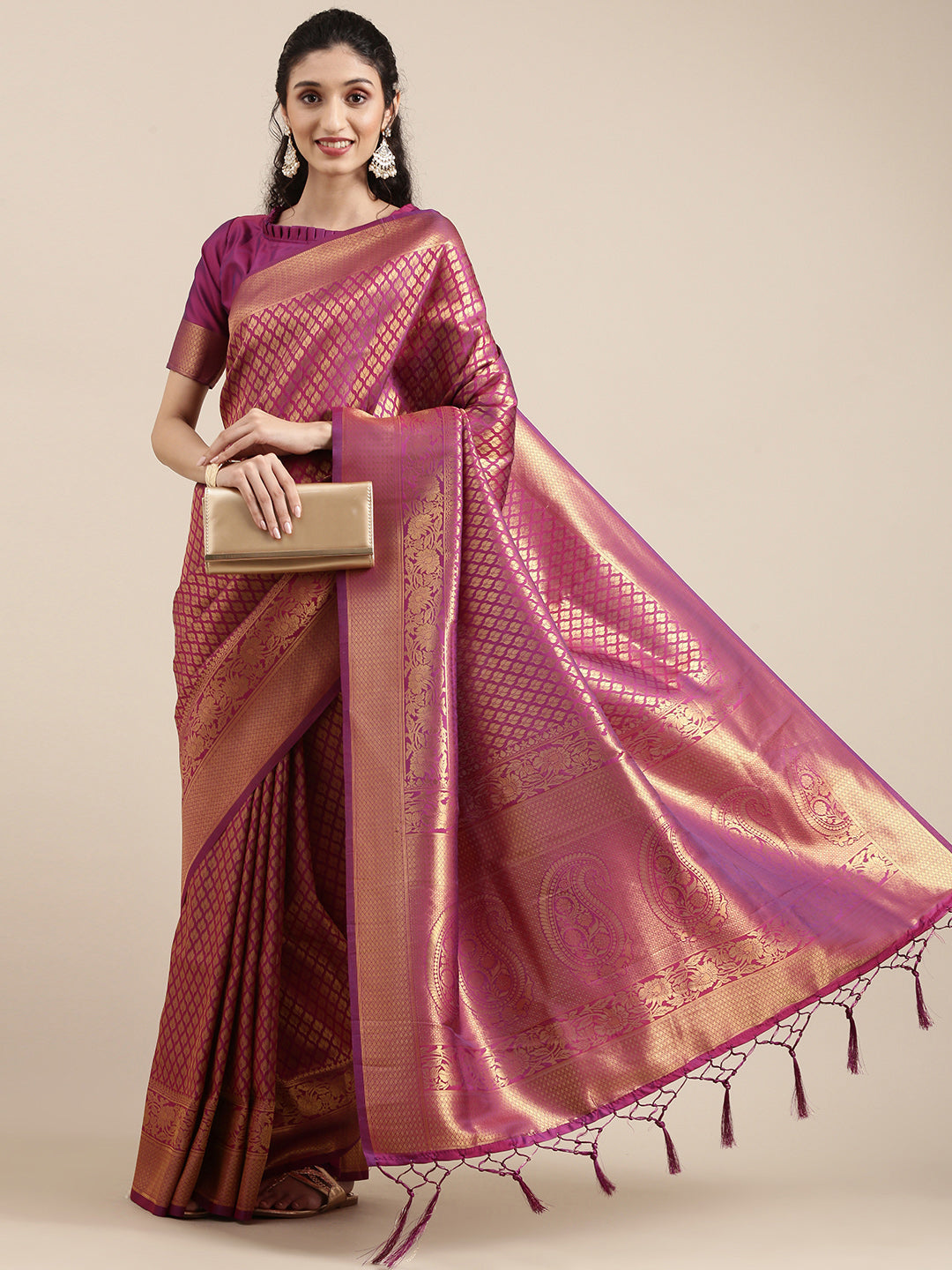 Saree Mall Magenta Ethnic Motifs Zari Silk Blend Banarasi Saree For Women | Swadesiicart