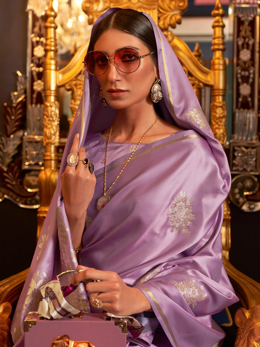 Mitera Purple & Gold-Toned Woven Design Pure Silk Banarasi Saree | Swadesiicart