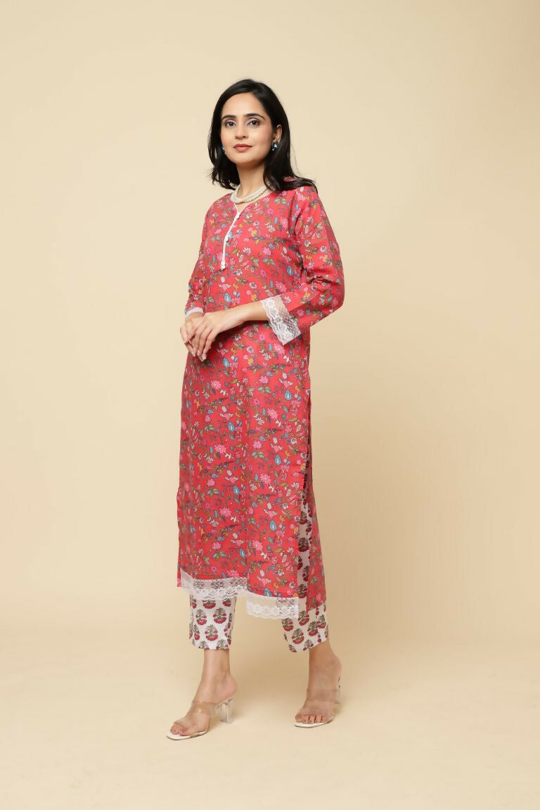 Designer Stylish Red Cotton Blend Stitched Suit With Dupatta - Tanisha | Swadesiicart