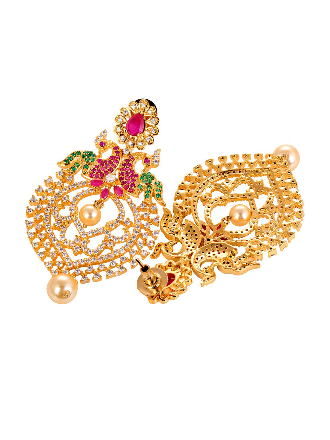 Saraf RS Jewellery Gold-Polished Green & Pink American Diamond Studded & Beaded Handcrafted Jewellery Set - Swadesiicart