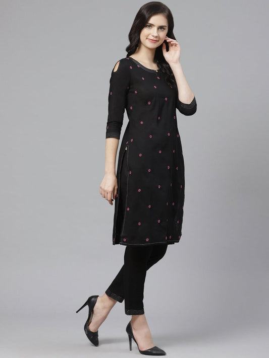 ADA Women Black & Pink Chikankari Embroidered Sustainable Handloom Kurta with Trousers | Swadesiicart