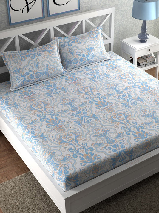 CHHAVI INDIA Blue & White Ethnic Motifs 210 TC King Bedsheet with 2 Pillow Covers - Swadesiicart