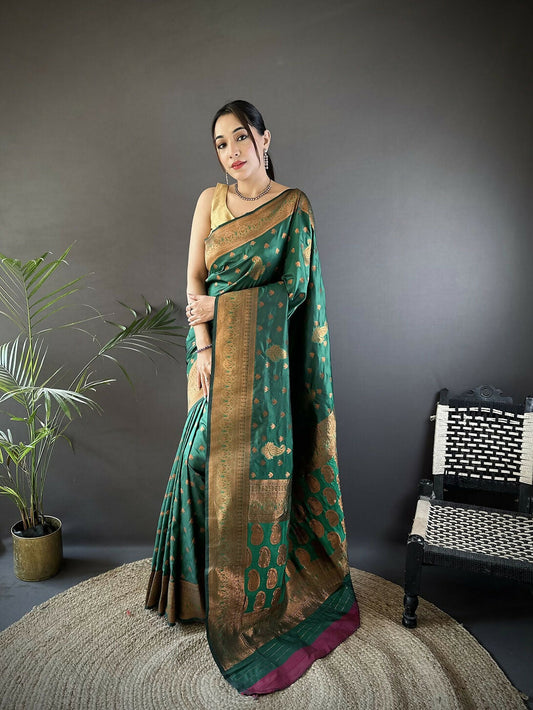 Joban Fashion Banarasi Dark Green Woven Soft Silk Saree | Swadesiicart