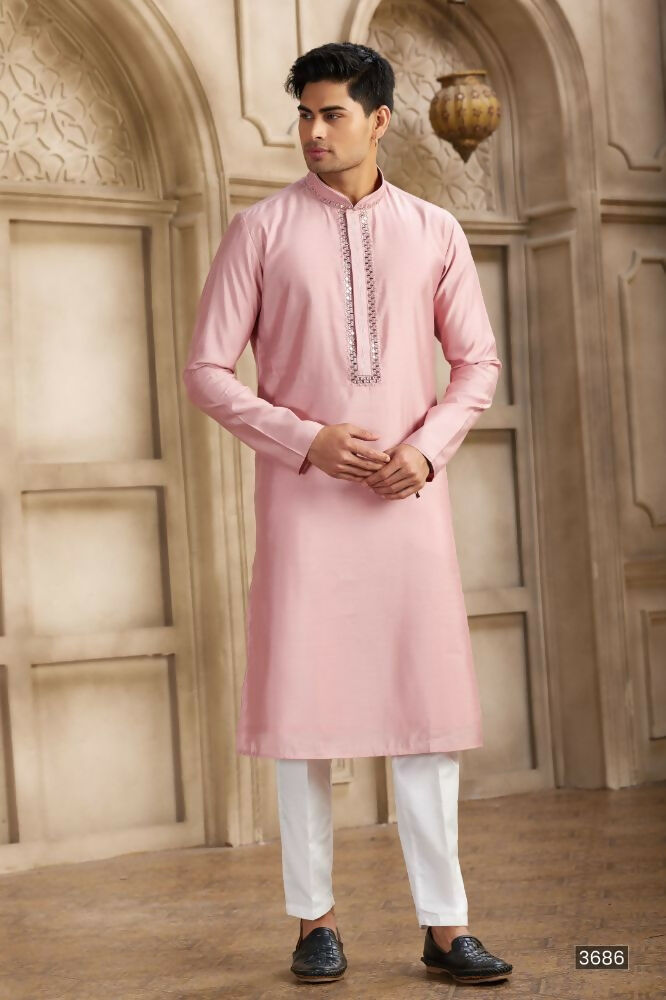 Raivat Ethnic Banarasi Art Silk Mirror Work Kurta Pajama In Dark Pink Colour | Swadesiicart
