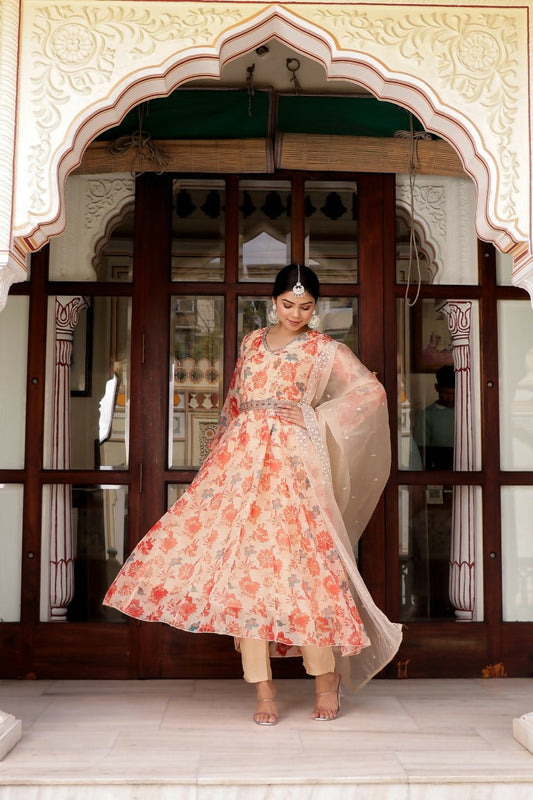 Vaasva Women Cream Organza Floral Print & Embroidered Anarkali Kurta, Pant & Dupatta set | Swadesiicart