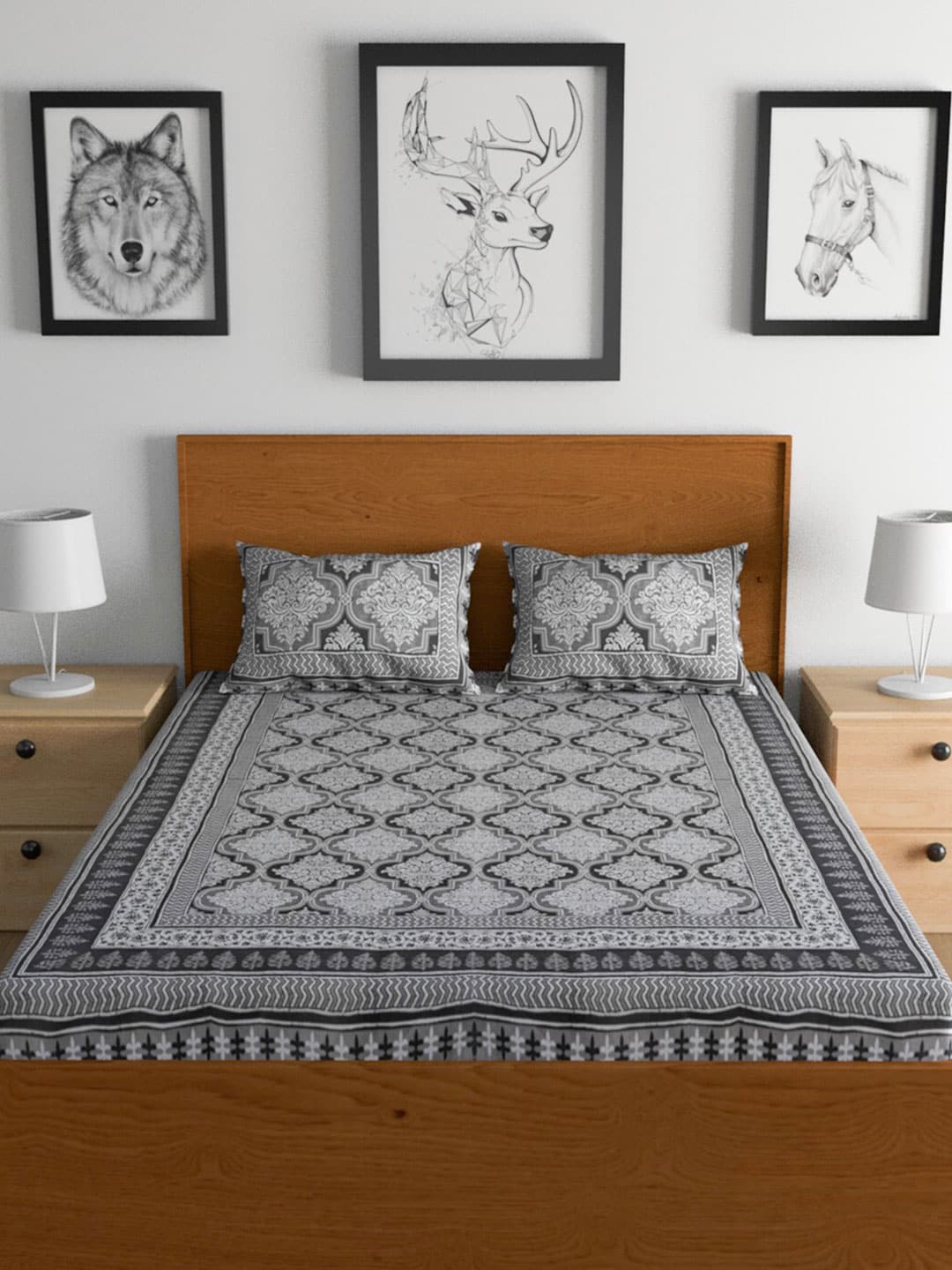 Urban Magic Grey & White Ethnic Printed Cotton 104 TC King Bedsheet with 2 Pillow Covers - Swadesiicart