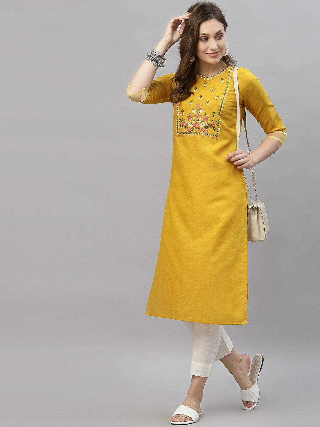 Kalini Women Yellow Floral Embroidered Thread Work Kurta | Swadesiicart