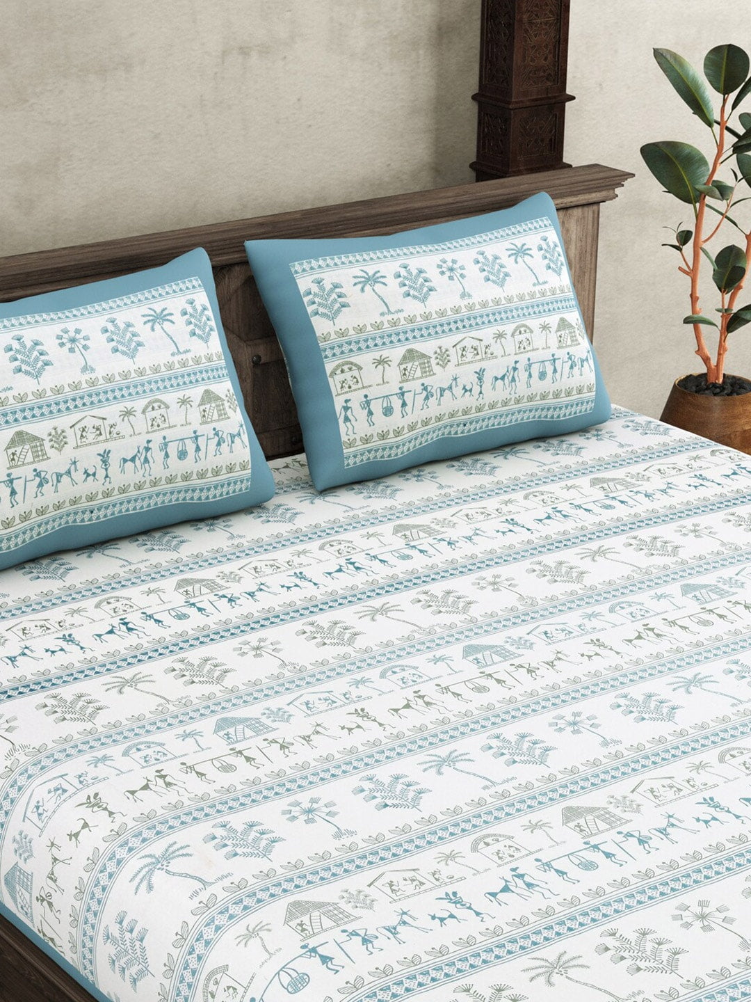 JAIPUR FABRIC Blue Ethnic Motifs Cotton 250 TC Super King Bedsheet With 2 Pillow Covers | Swadesiicart