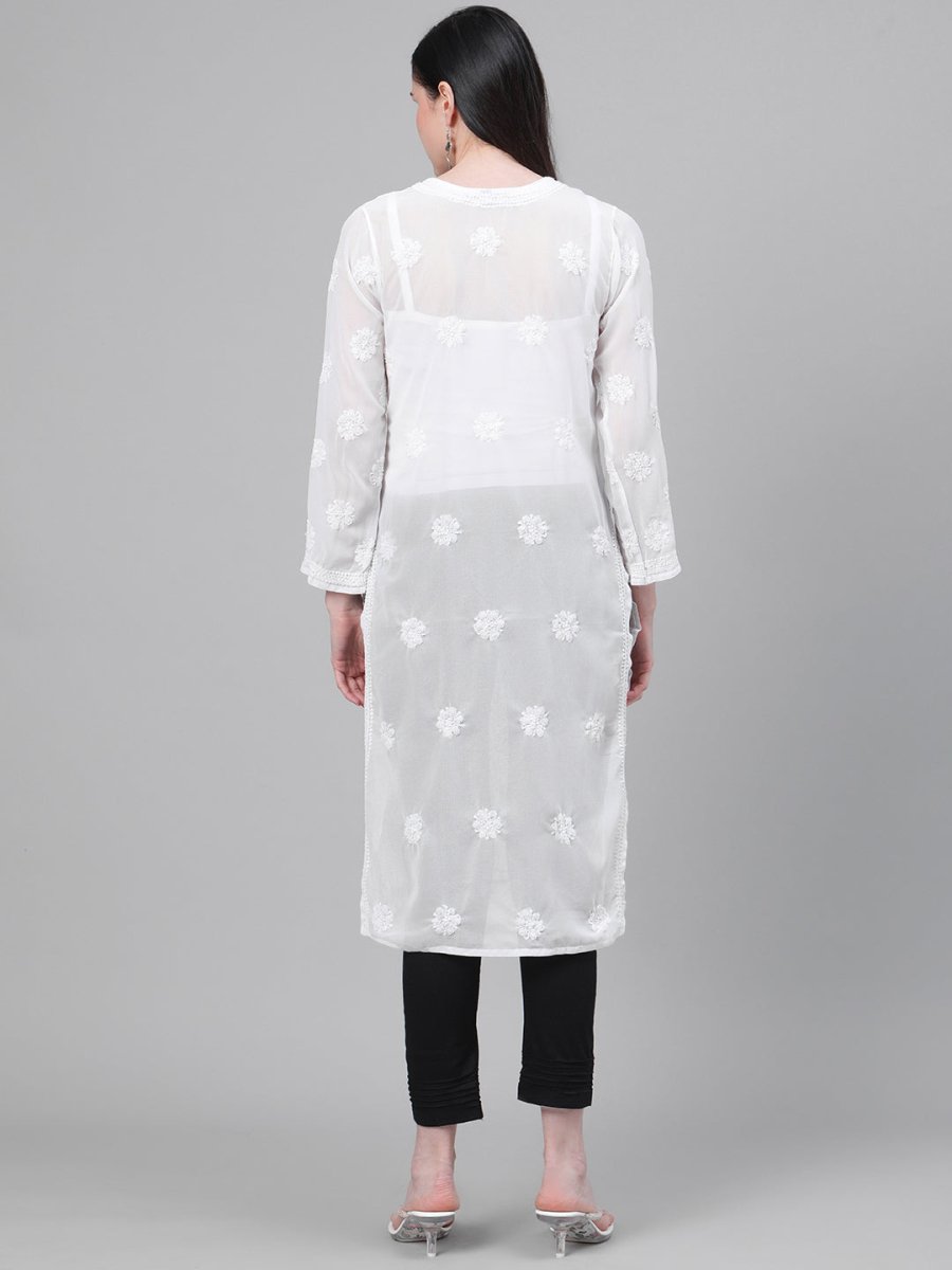 ADA Women White & Black Chikankari Embroidered Sustainable Handloom Kurta with Trousers | Swadesiicart