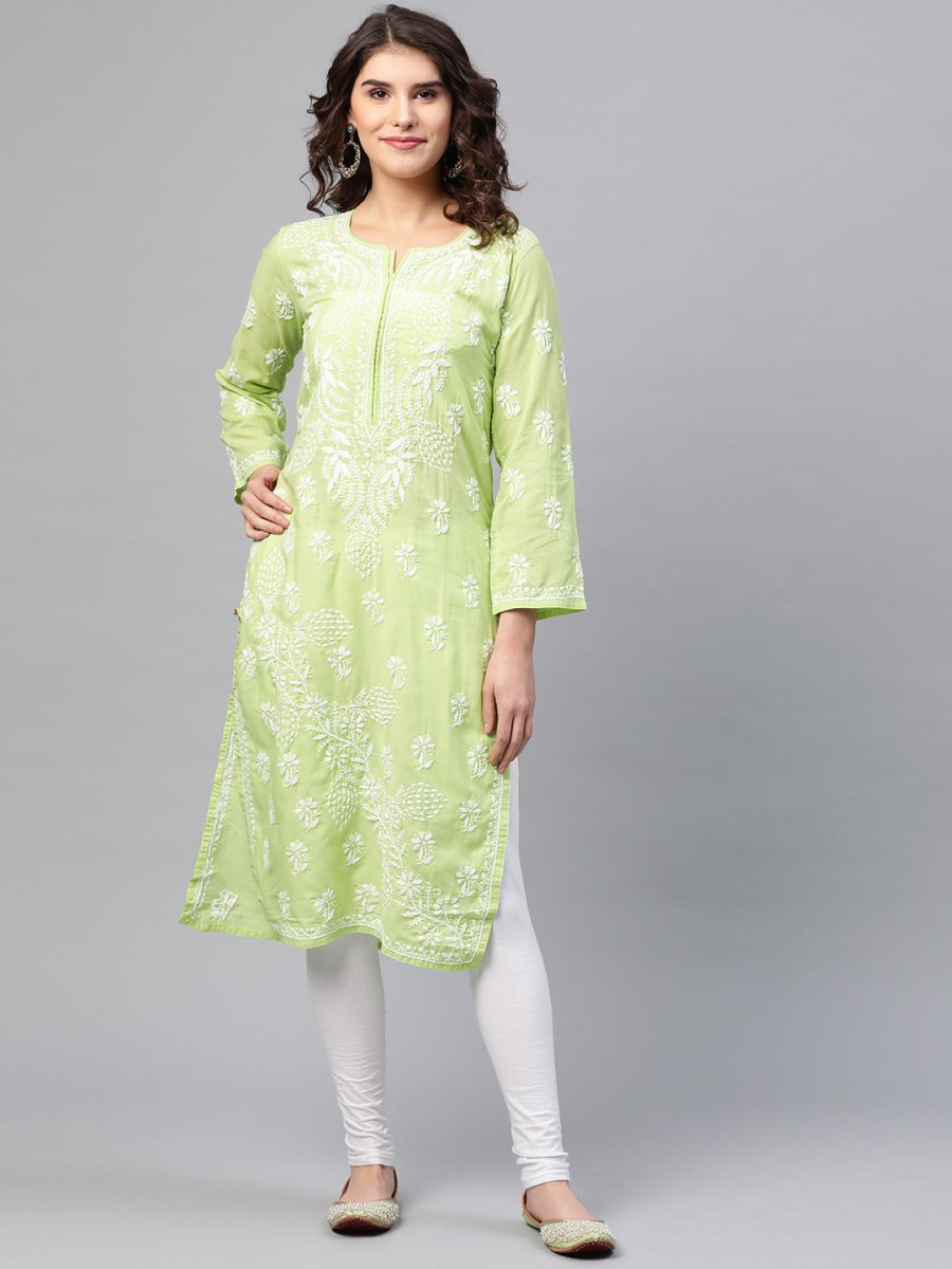 ADA Women Green & White Chikankari Embroidered Cotton Straight Sustainable Kurta | Swadesiicart