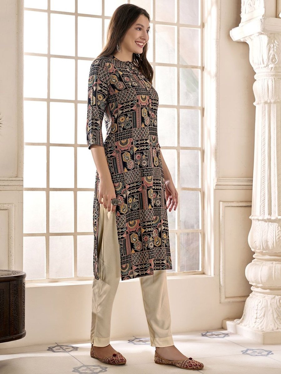 Anouk Black Ethnic Motifs Printed Mandarin Collar Kurta - Swadesiicart