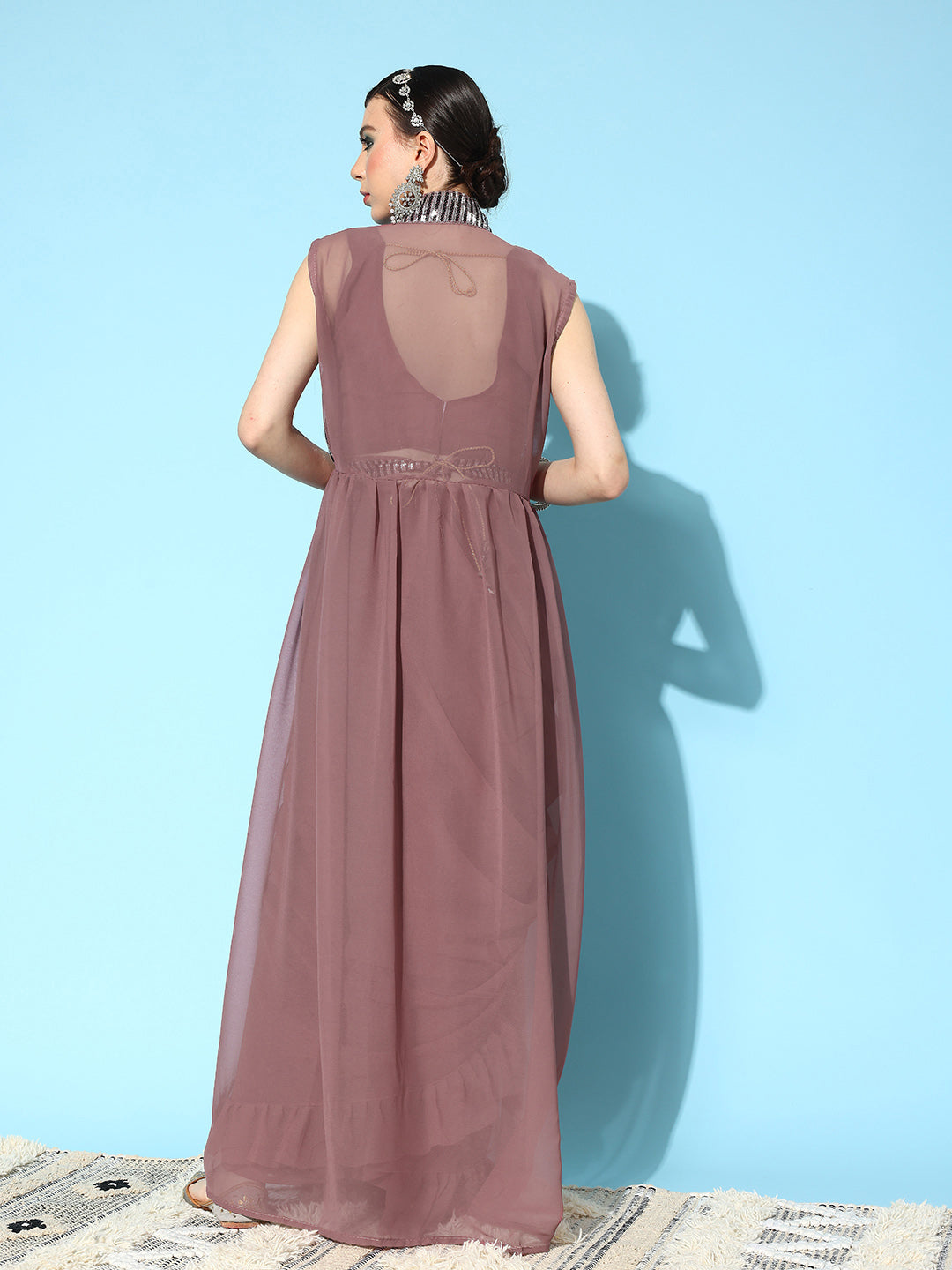 Mitera Mauve Sequinned Pure Georgette Ready to Wear Saree With Shrug | Swadesiicart