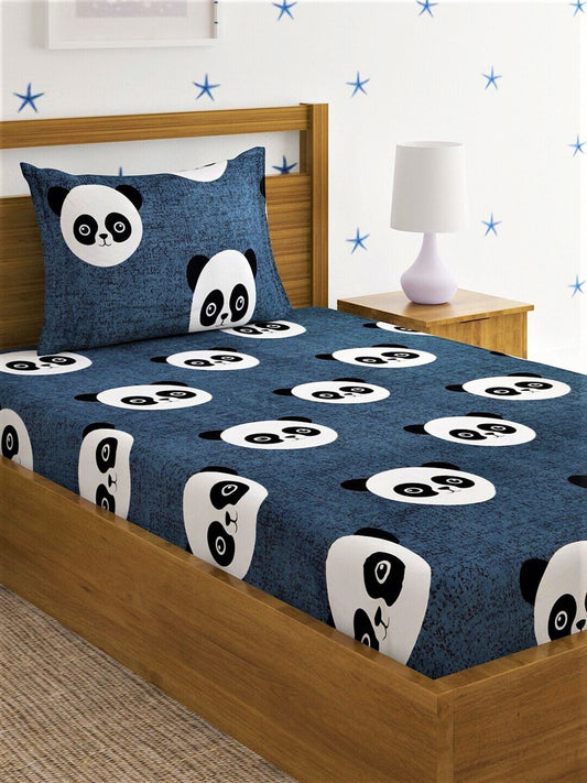 Home Sizzler Grey & White Panda 210 TC Bedsheet with Pillow Cover - Swadesiicart