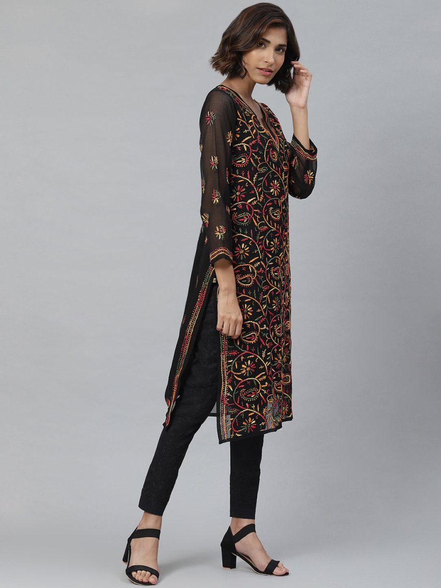 ADA Women Black & Mustard Yellow Chikankari Embroidered Sustainable Kurta with Trousers | Swadesiicart