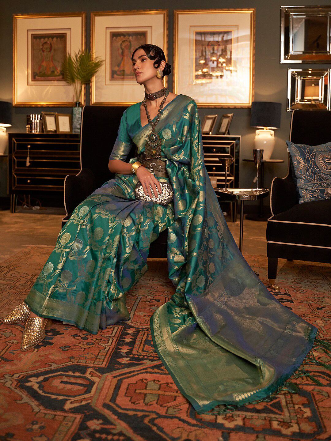 Mitera Teal & Gold-Toned Woven Design Zari Silk Blend Banarasi Saree | Swadesiicart