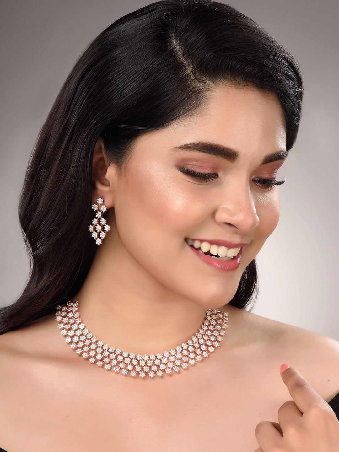 Saraf RS Jewellery White Rose Gold-Polished AD Studded Necklace Jewellery Set - Swadesiicart