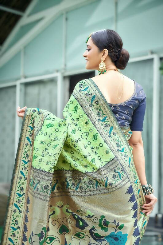 Vishnu Weaves Women's Pista Paithani Patola Silk Zari Woven Saree with Unstitched Blouse - Swadesiicart