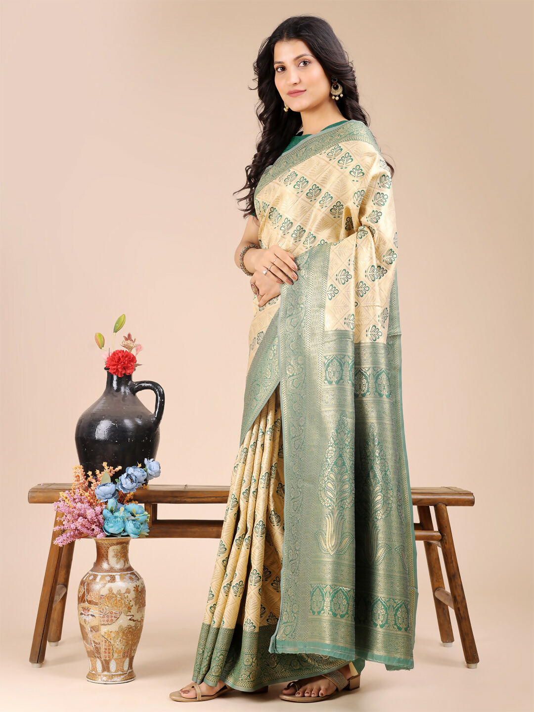 Astita Aura Silk Cream Green Banarasi Silk Saree | Swadesiicart
