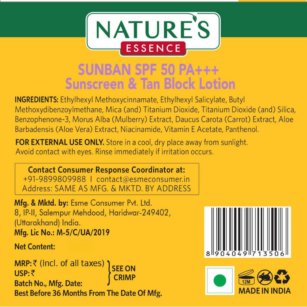 Nature's Essence Sunban Sunscreen & Tan Block Lotion SPF 50 - Swadesiicart