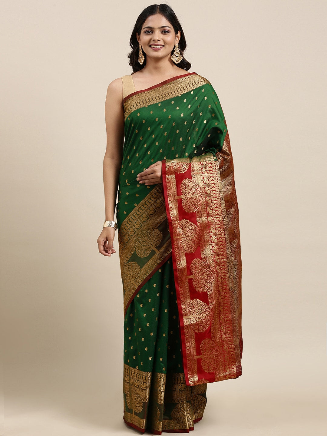 Mitera Green & Gold-Toned Woven Design Zari Silk Cotton Banarasi Saree | Swadesiicart
