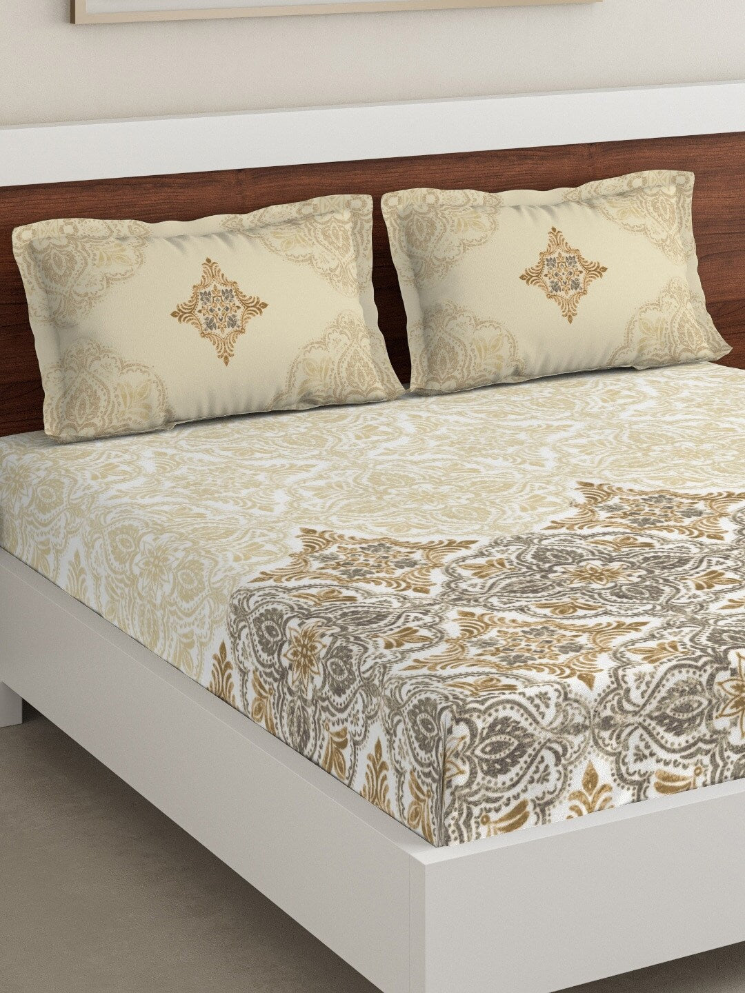 DDecor Beige & Grey Ethnic Motifs 180 TC Cotton 1 King Bedsheet with 2 Pillow Covers - Swadesiicart