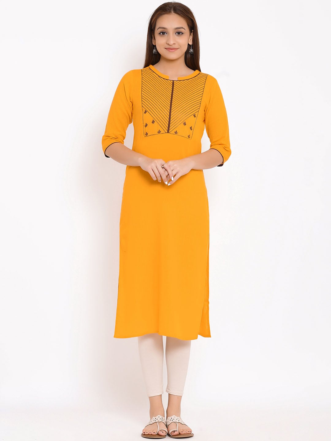 HERE&NOW Yellow Geometric Yoke Design Thread Work Kurta - Swadesiicart