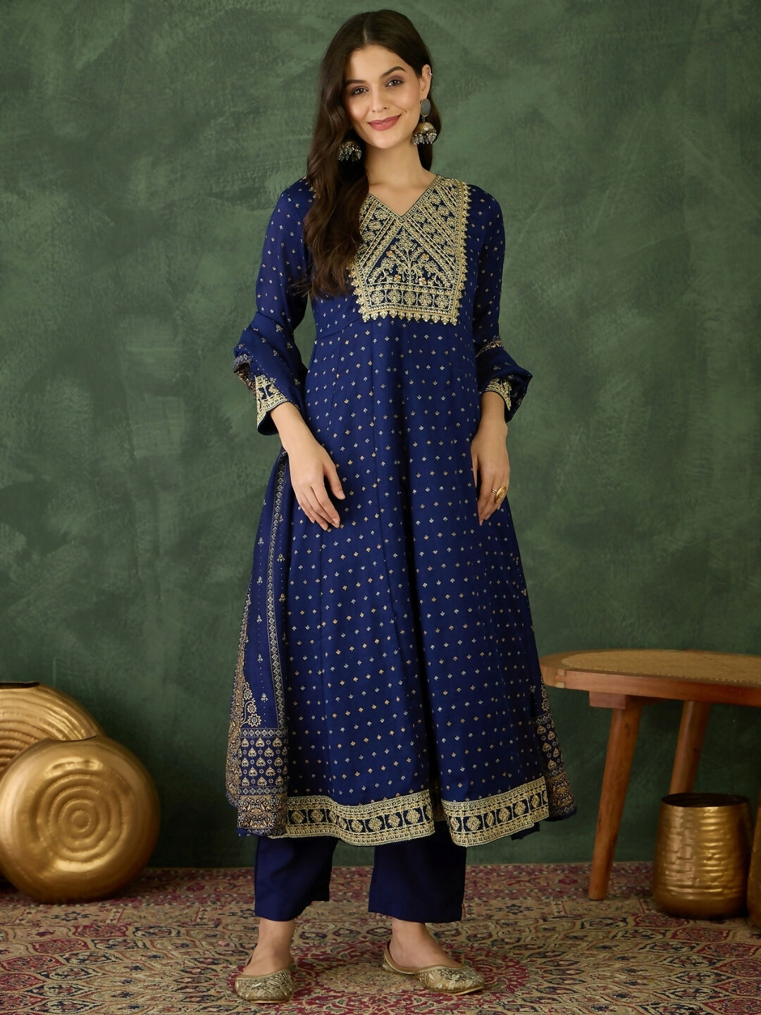 The52 Blue Women's Gorgeous Embroidered Work Vichitra Silk Fabric Flared Kurta Pant and Dupatta Set - Swadesiicart