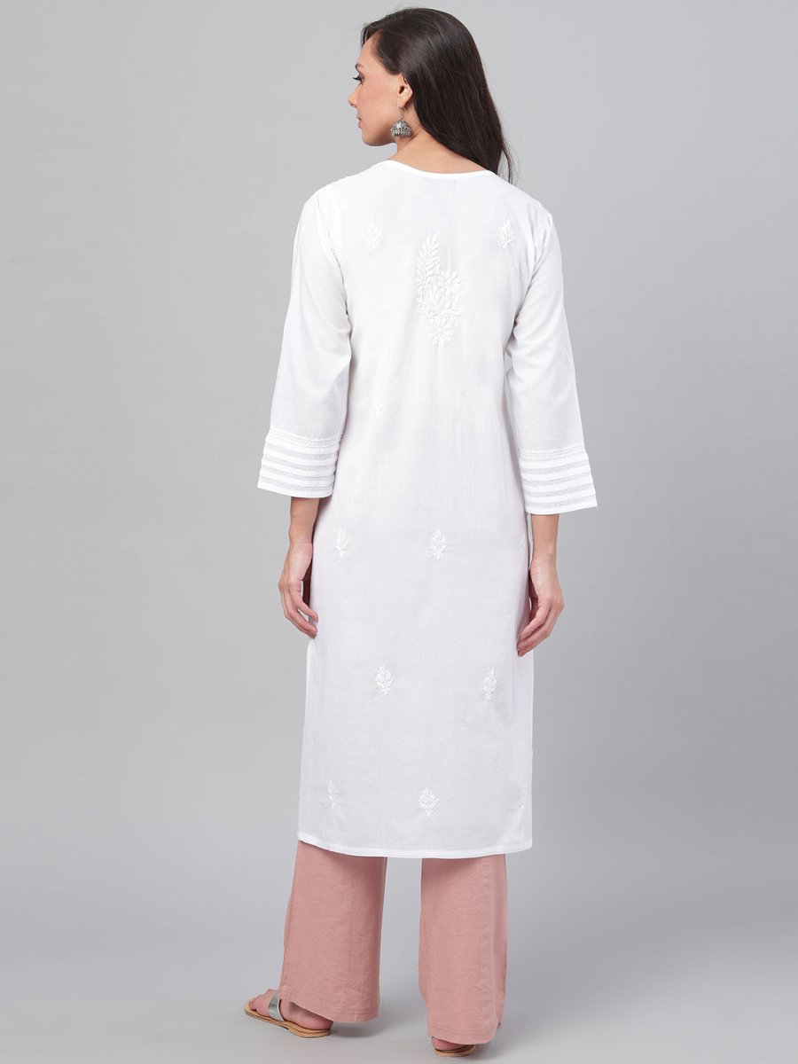 ADA Women White Chikankari Hand-Embroidered Straight Sustainable Handloom Kurta | Swadesiicart