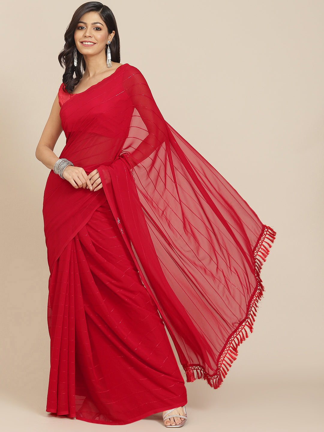 Tikhi Imli Red Striped Saree | Swadesiicart