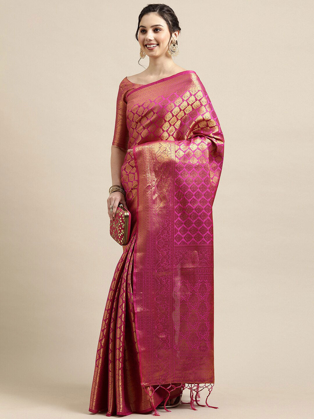 Saree Mall Pink & Gold-Toned Woven Design Zari Silk Blend Banarasi Saree | Swadesiicart
