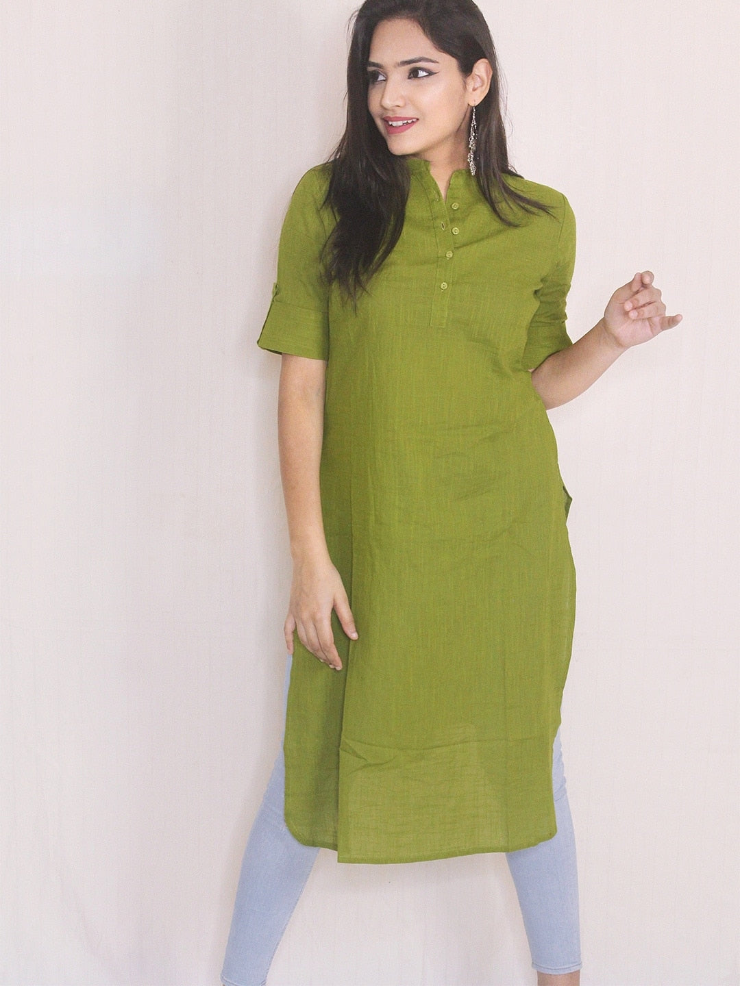 HERE&NOW Women Sap Green Solid Symmetric Kurta - Swadesiicart