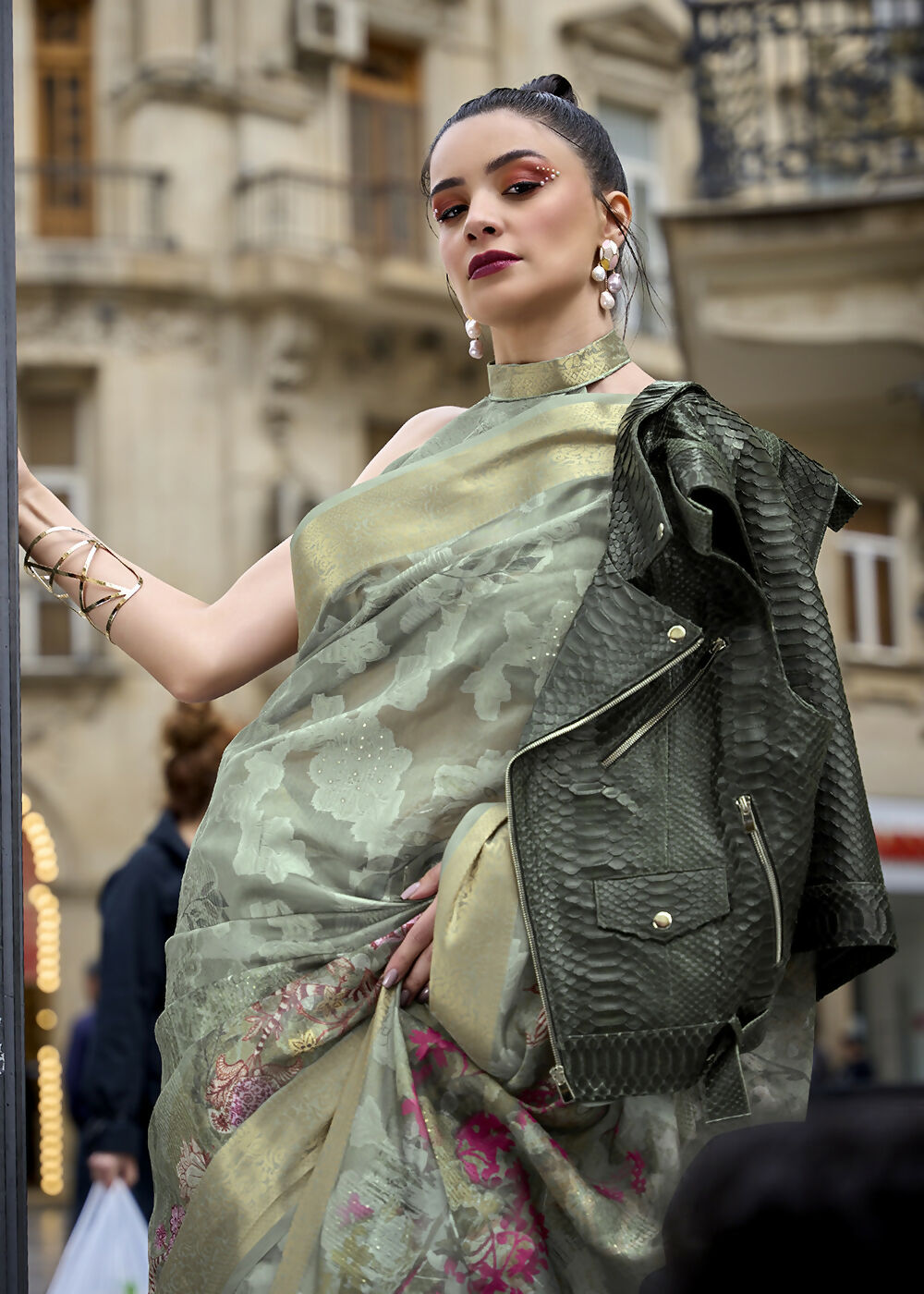 Lovely Pista Green Polly Brasso Designer Saree - Emponline | Swadesiicart