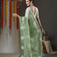 Saree Mall Olive Green & White Paisley Embroidered Organza Banarasi Sarees | Swadesiicart
