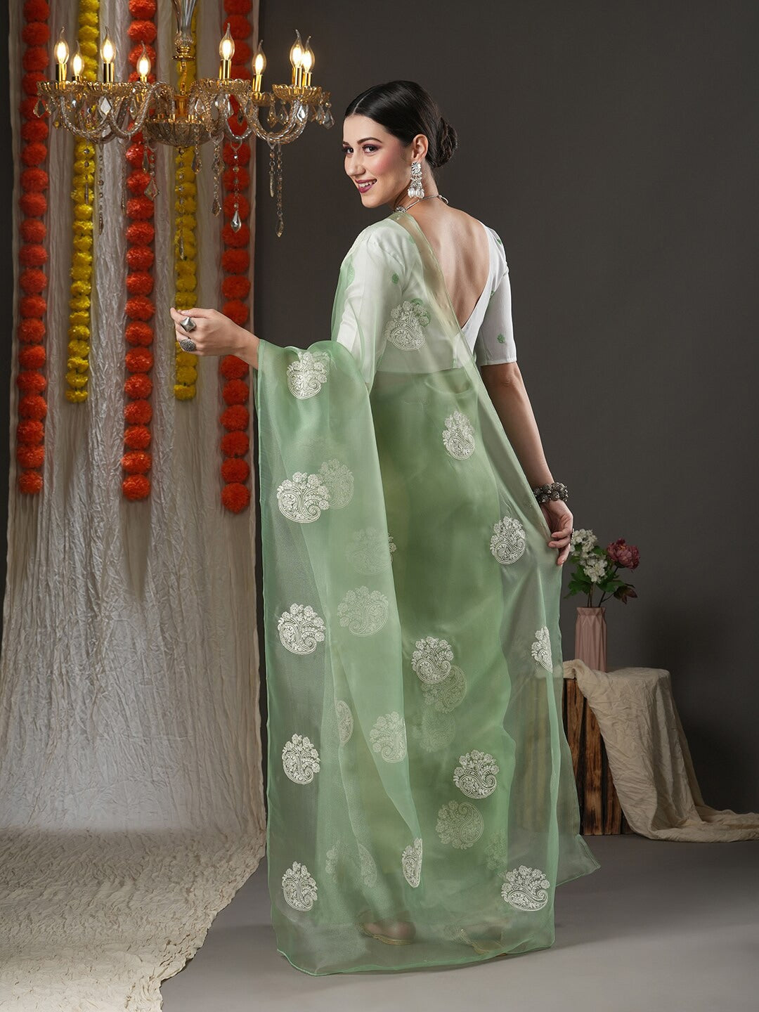 Saree Mall Olive Green & White Paisley Embroidered Organza Banarasi Sarees | Swadesiicart