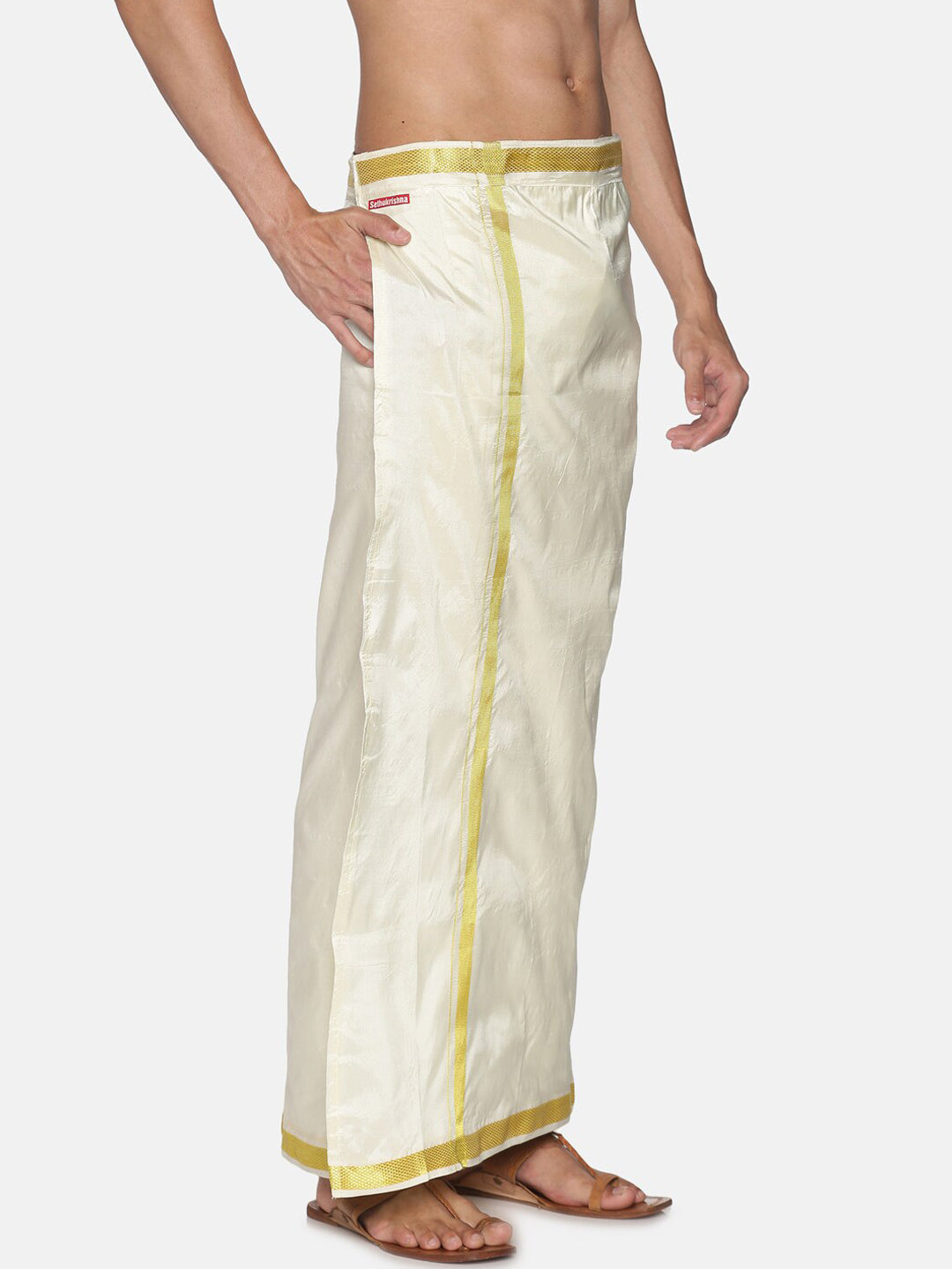 Sethukrishna Men Cream-Coloured Solid Readymade Dhoti | Swadesiicart