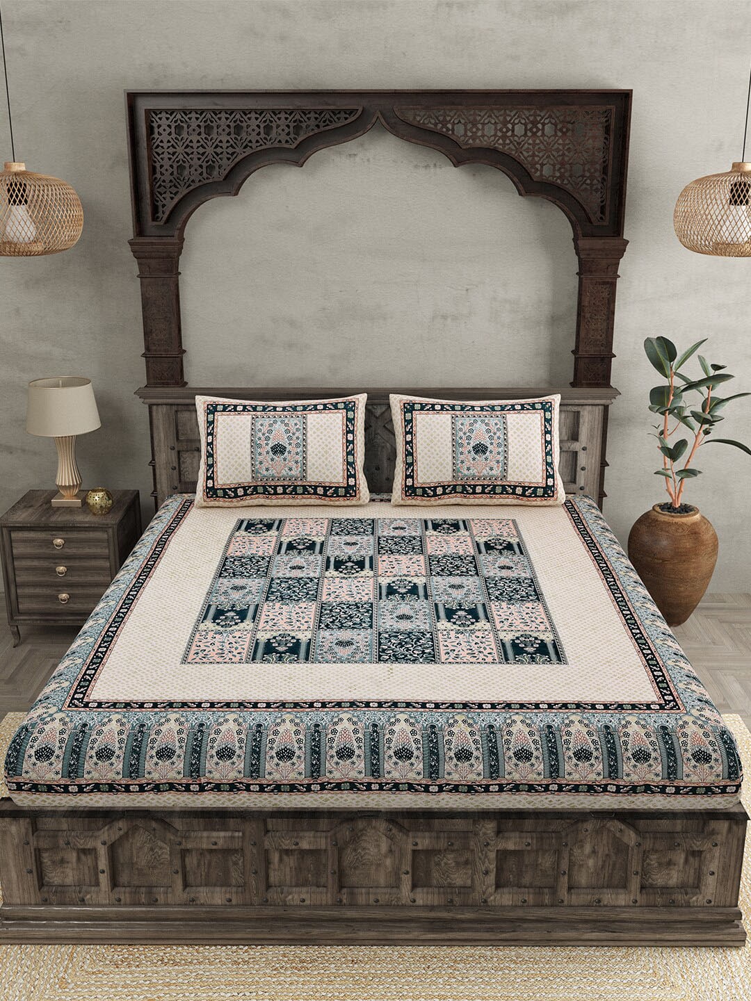 JAIPUR FABRIC Beige & Green Ethnic Motifs Cotton 210 TC Queen Bedsheet & 2 Pillow Covers | Swadesiicart