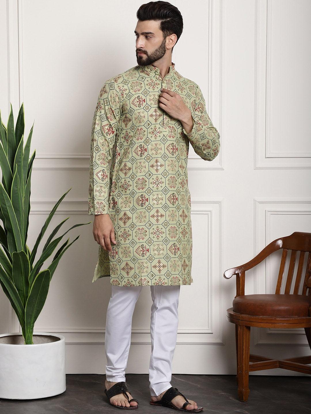 Sojanya Men Green Printed Cotton Linen Kurta with Churidar | Swadesiicart