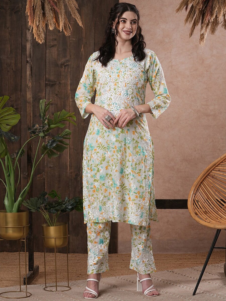 ADA Floral Printed Round Neck Regular Lucknowi Chikankari Kurta with Trousers | Swadesiicart