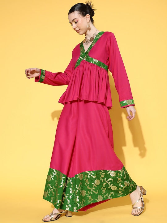 InWeave Women's Fuchsia Green Brocade Mughal Shaan Kurta Palazzo Set - Swadesiicart