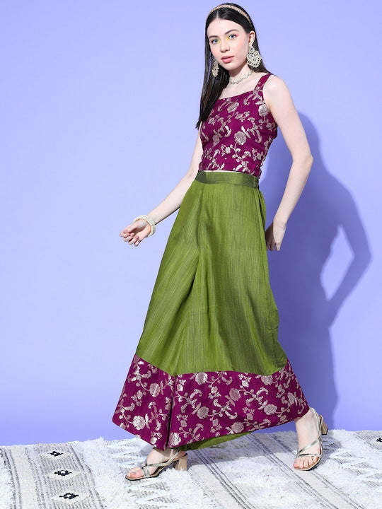 InWeave Women's Wine Brocade Strappy Top W Olive Wine Brocade Palazzo Set - Swadesiicart