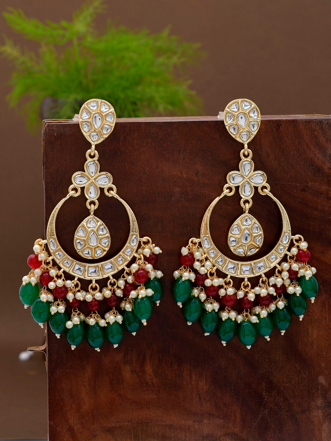 Shoshaa Green Contemporary Kundan Chandbalis Earrings | Swadesiicart