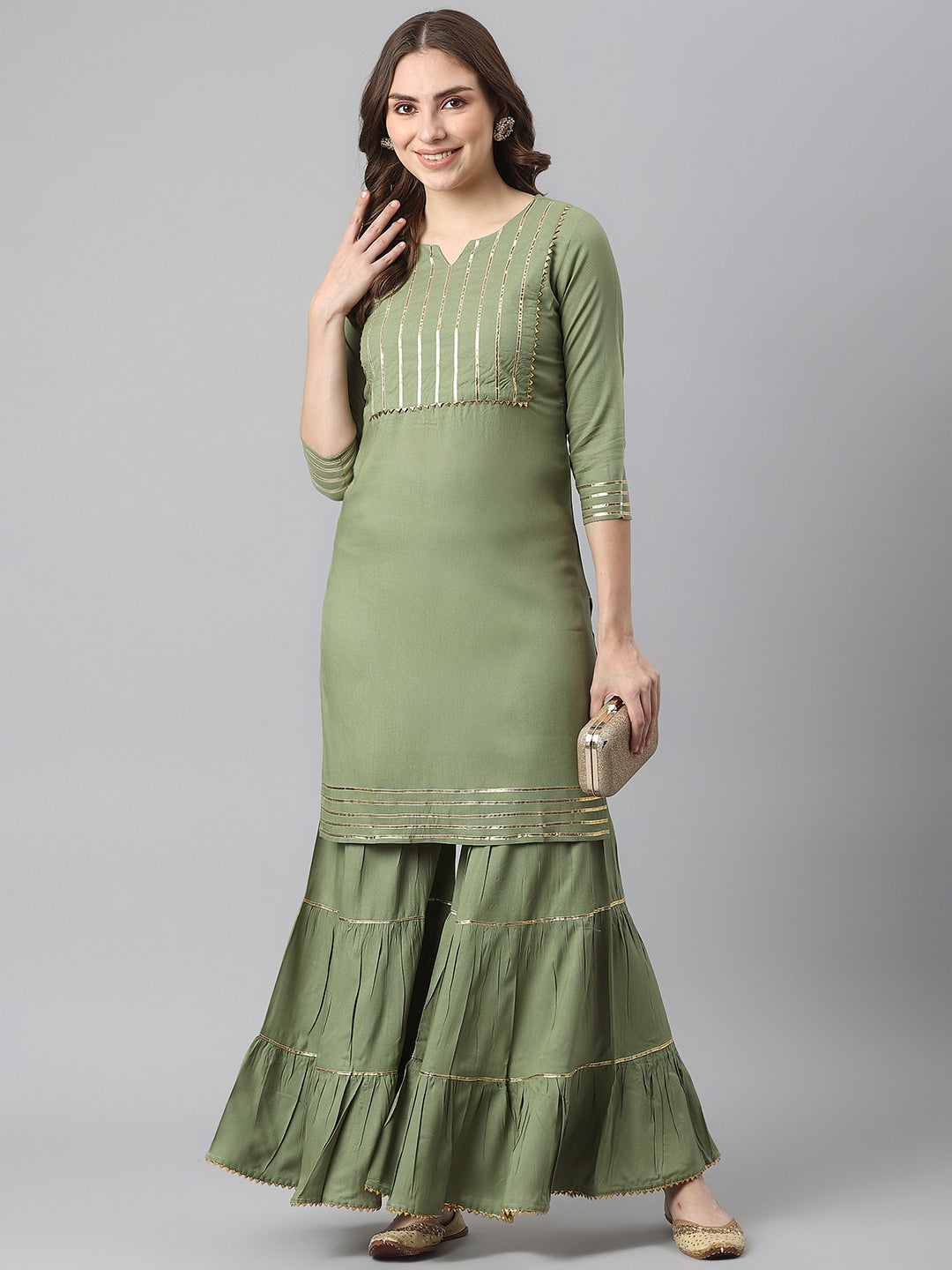 Kalini Women Green Yoke Design Gotta Patti Kurta with Sharara | Swadesiicart