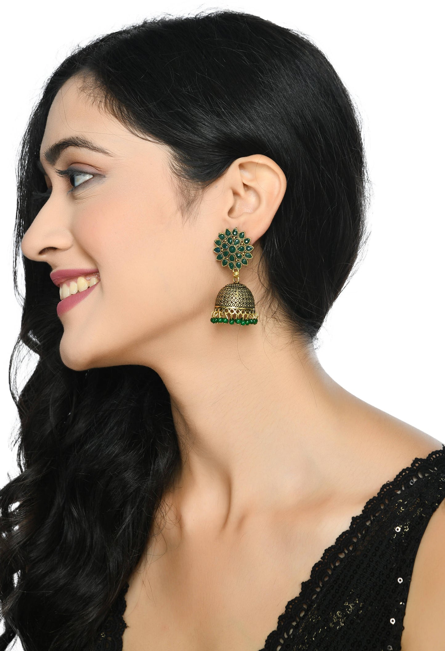 Mominos Fashion Johar Kamal Beautiful Kundan Work Jhumka With Green Beads - Swadesiicart
