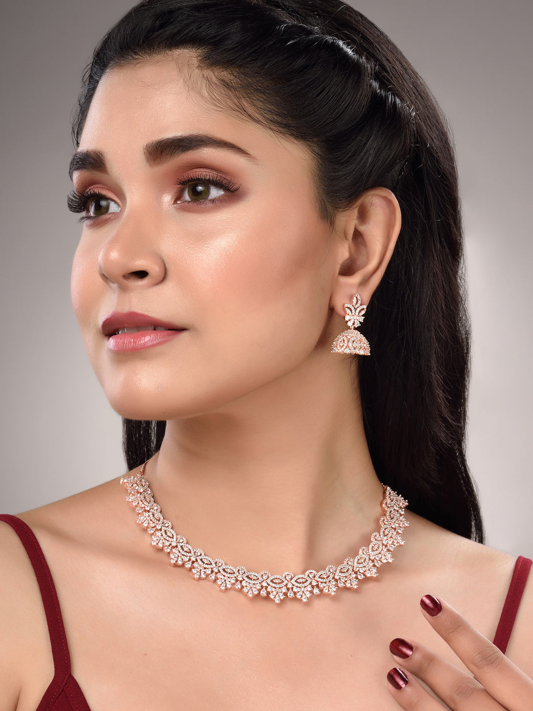 Saraf RS Jewellery Rose Gold-Polished & White AD & CZ-Studded Contemporary Jewellery Set - Swadesiicart
