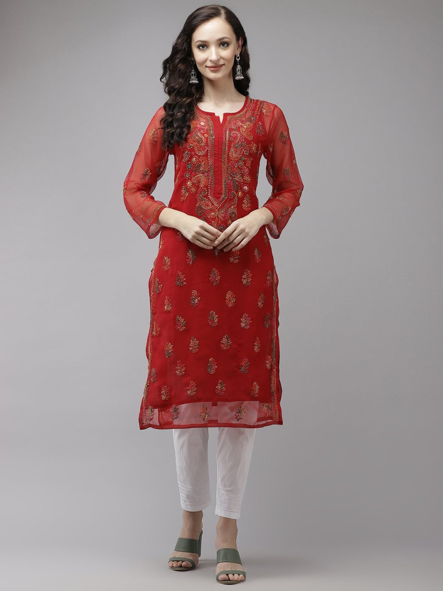 ADA Women Red Embroidered Regular Chikankari Kurta with Trousers | Swadesiicart