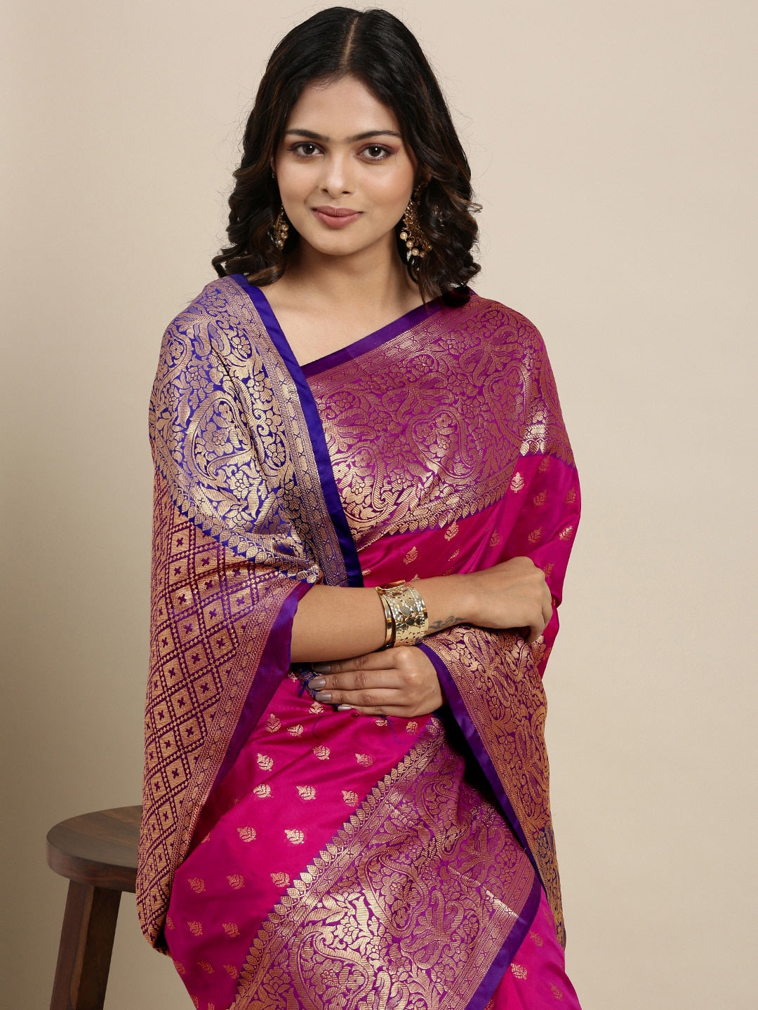 Mitera Pink & Golden Ethnic Motifs Banarasi Saree with Zari Border | Swadesiicart